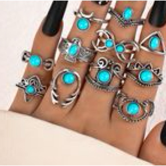 - New Turquoise Boho White opal western Silver leaf open ring 11 piece set - Picture 2 of 2